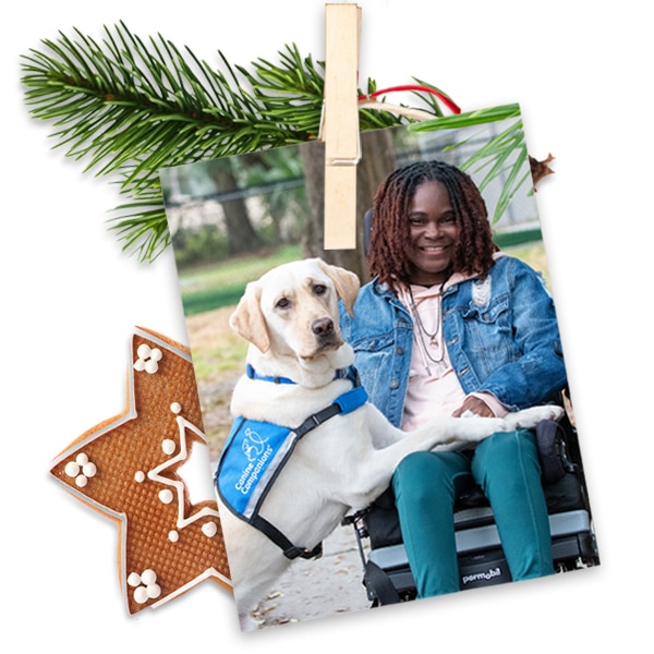 A smiling girl with a yellow lab service dog wearing a blue vest - the image is pinned to evergreen with a gingerbread cookie behind