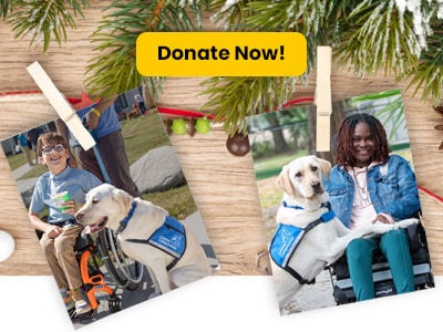 Photos of a young boy with is service dog and young woman with her service dog on a holiday background