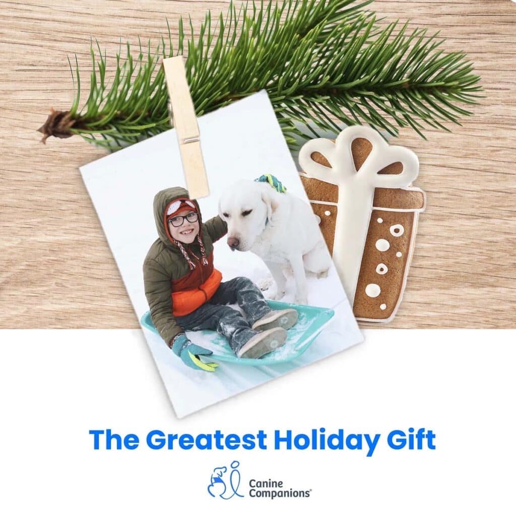 a photo of a smiling boy with a yellow labrador service dog with evergreen and a christmas cookie with the words The Greatest Holiday Gift and the Canine Companions Logo